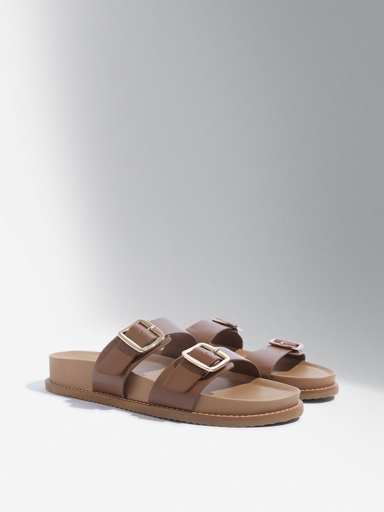 LUNA BLU by Westside Tan Buckle-Detailed Slip-On Sandals