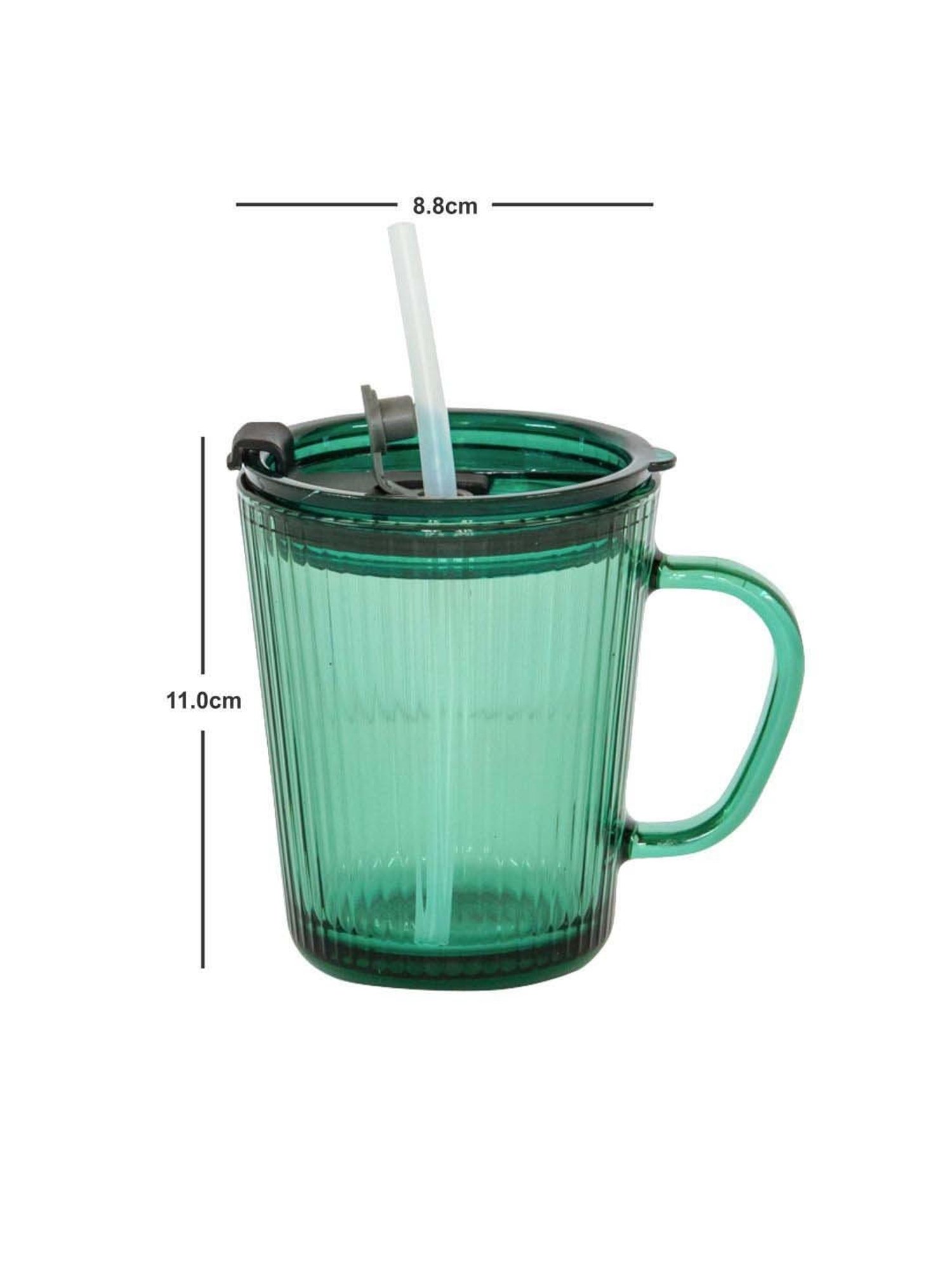 Goodhomes Green Glass Mug Sipper With Lid & Straw (0.37 L) - Set of 2