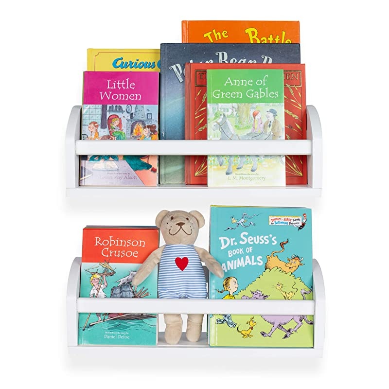 Lissa Wall Shelf 17" Wood Wall Mounted White Bookshelf for Nursery Wall Decor, Kids Storage Organizer Set of 2