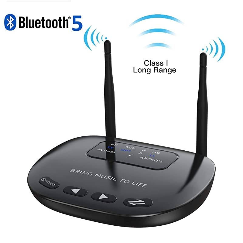 Long Range Bluetooth Latest V50 Transmitter Receiver PassThrough 3 in 1 164Ft Wireless Audio Adapter Low Latency Dual Link Optical RCA AUX 35mm for TV PC Home Stereo