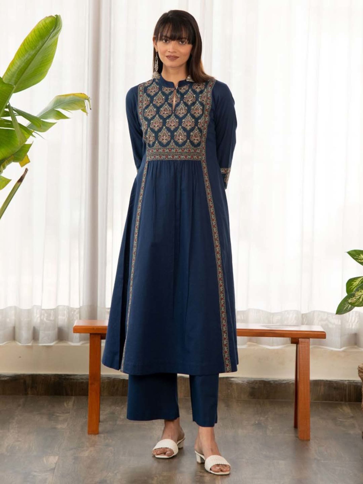 Ekohum Blue Cotton A-Line Kurta