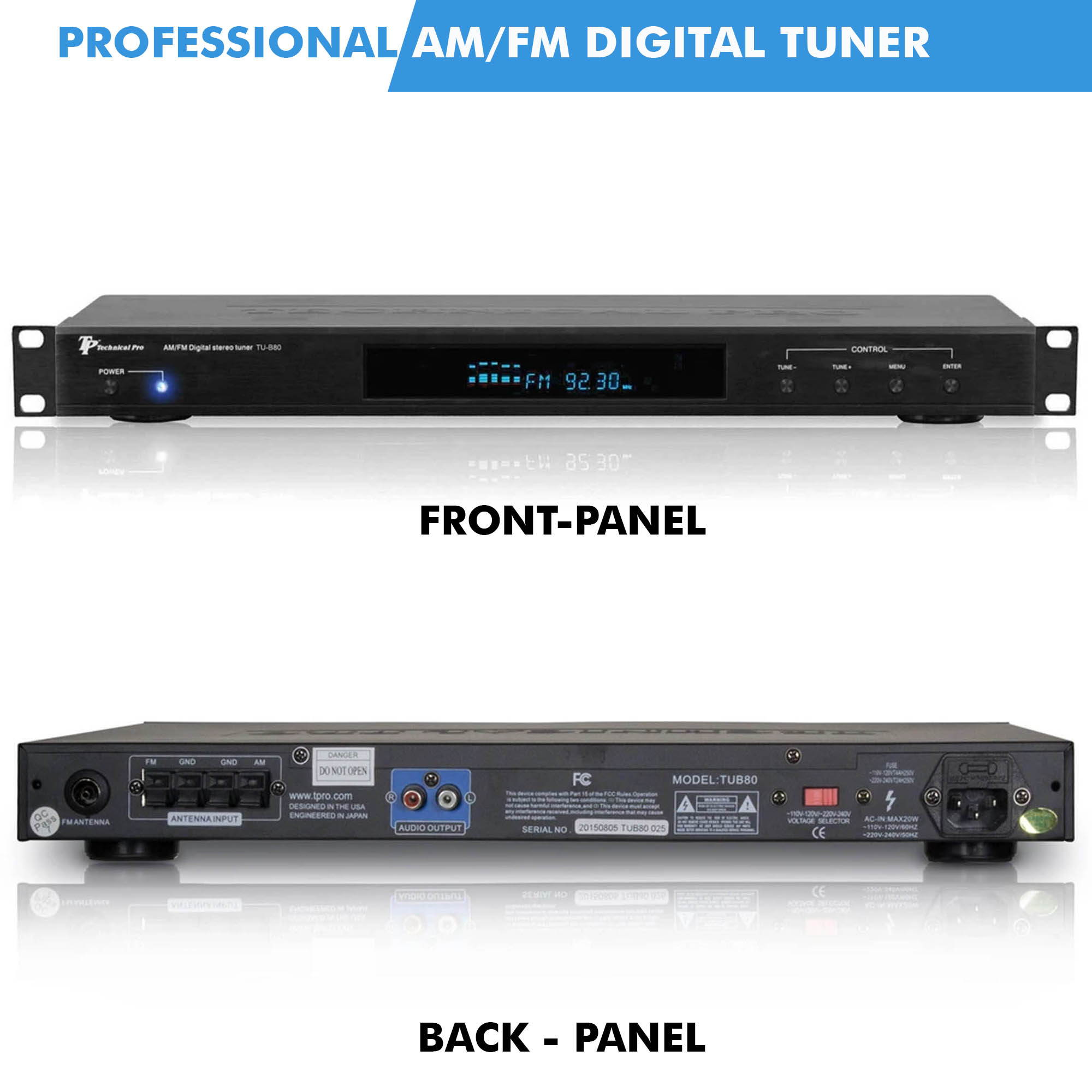 Technical Pro Professional AM/FM Digital Tuner, 60 Stations Storage, Space-Saving & Compact Design, Remote Control, Preset Times ON/OFF, LED light