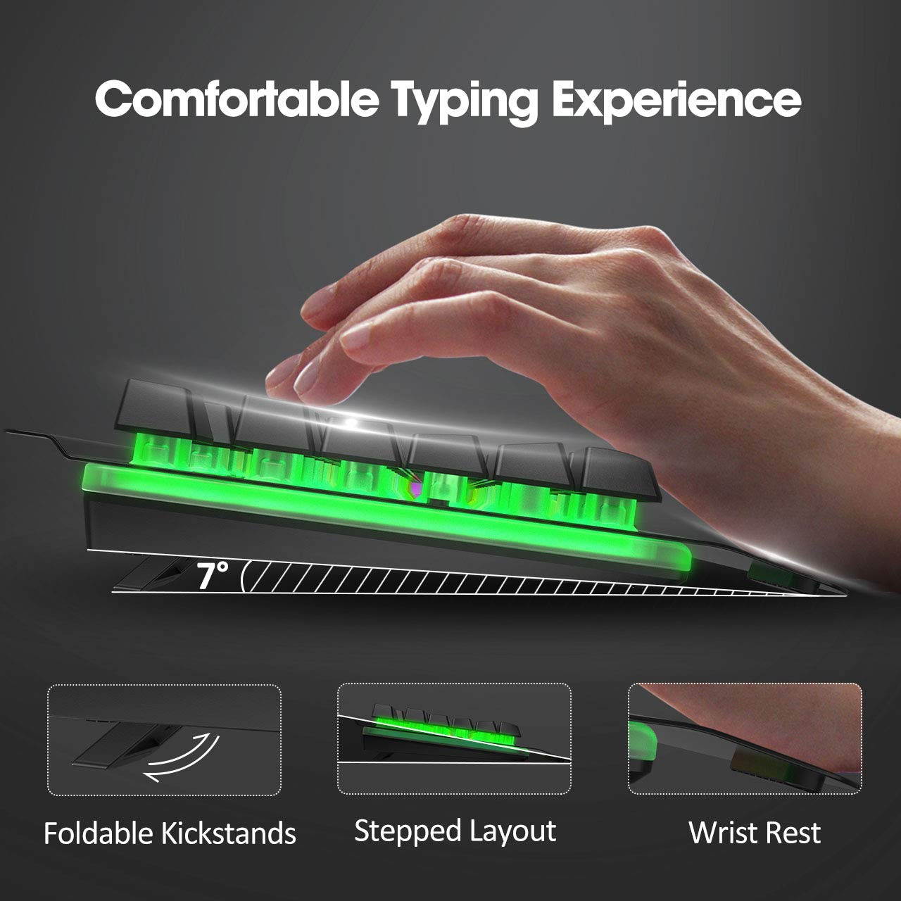 Metal Gaming Keyboard, LED Wired Rainbow Keyboard, USB Backlit Membrane Keyboard with Wrist Rest, 19 Anti-ghosting Keys, 12 Multimedia Shortcuts, Spill-Resistant for Windows PC Gamer-Black