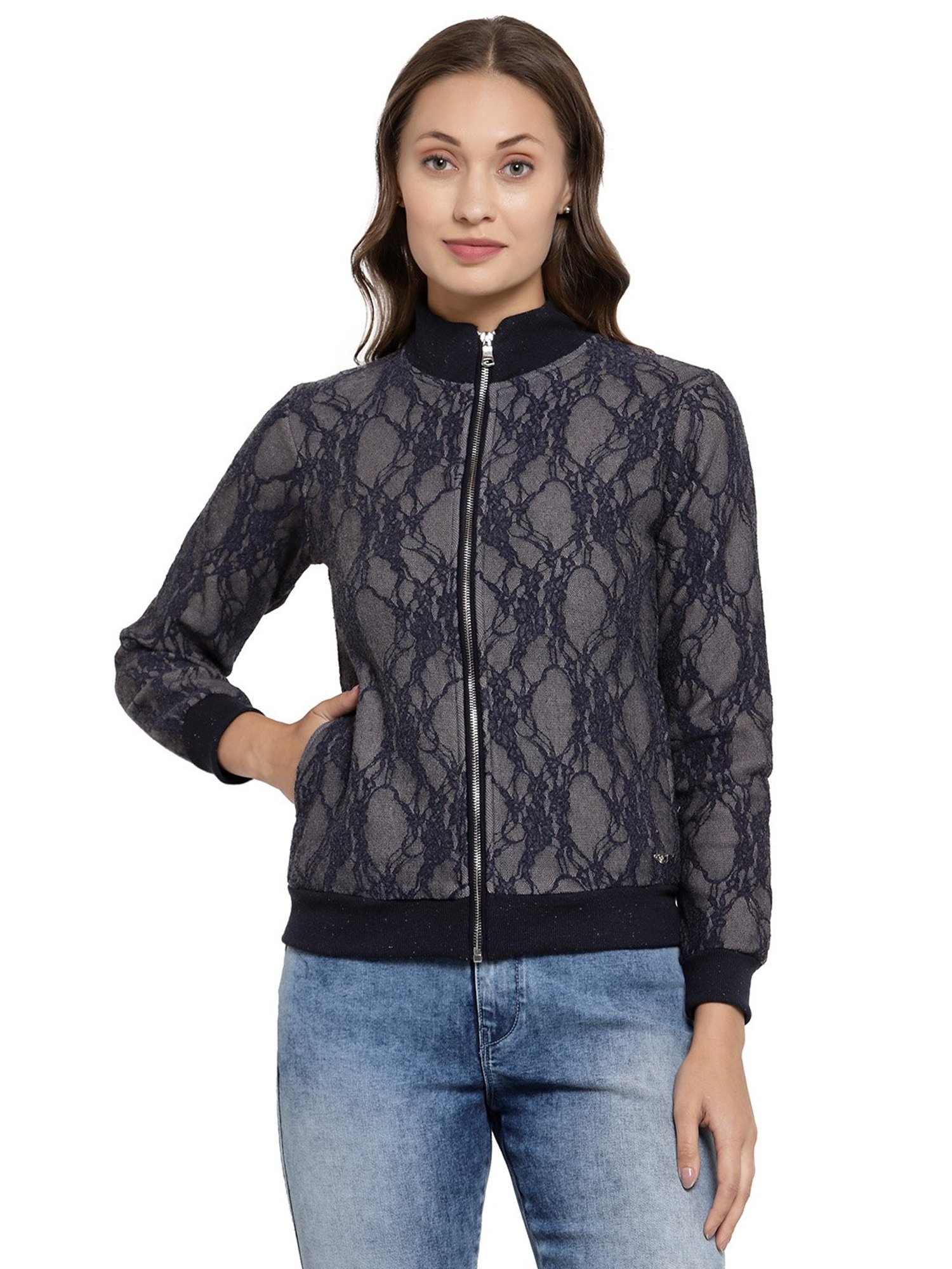 Juelle Blue Self Design Full Sleeves Jacket