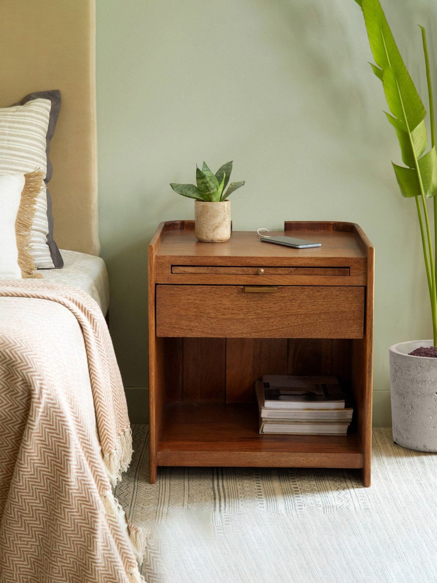 ellementry Bruno Brown Mango Wood End Table with Sleek Slider Drawer