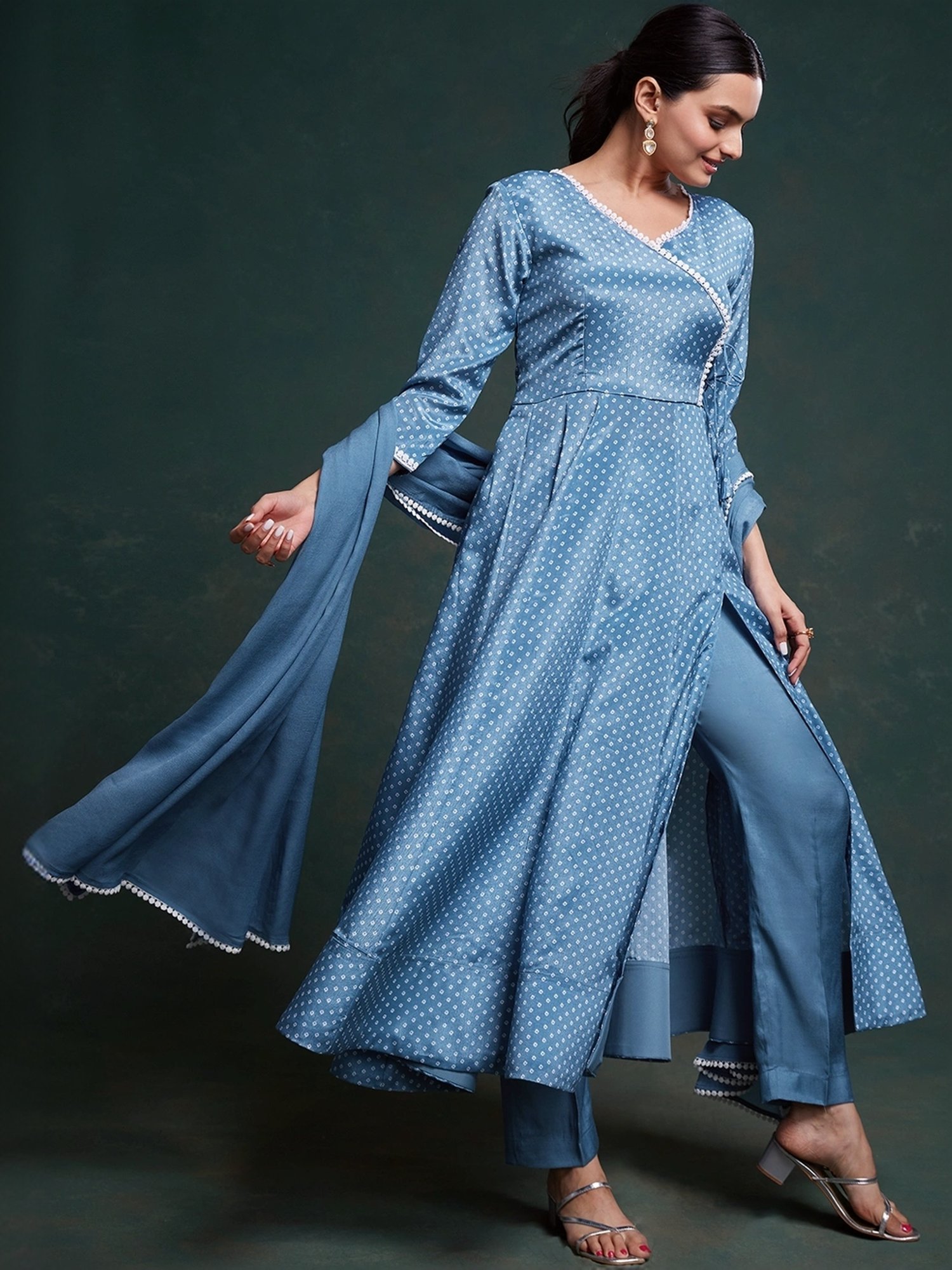 Odette Blue Printed Kurta Pant Set With Dupatta