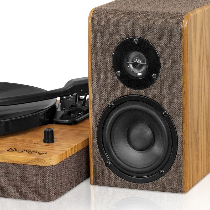 Victrola 3-Speed Bluetooth Record Player Turntable with 50 Watt Speakers, Wrapped Linen Fabric, Oak Wood