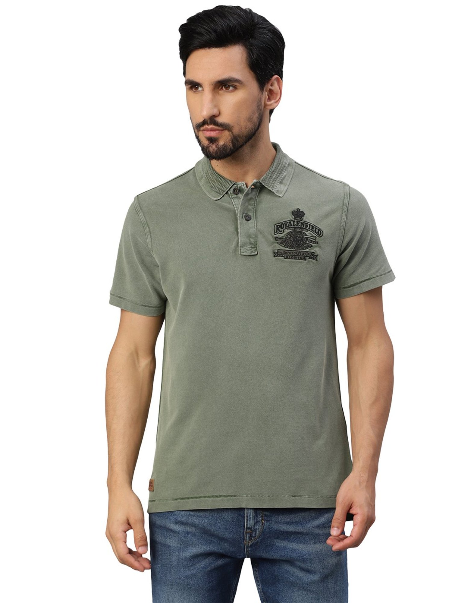 Royal Enfield Vintage Voyage Military Green Regular Fit Printed Polo T-Shirt