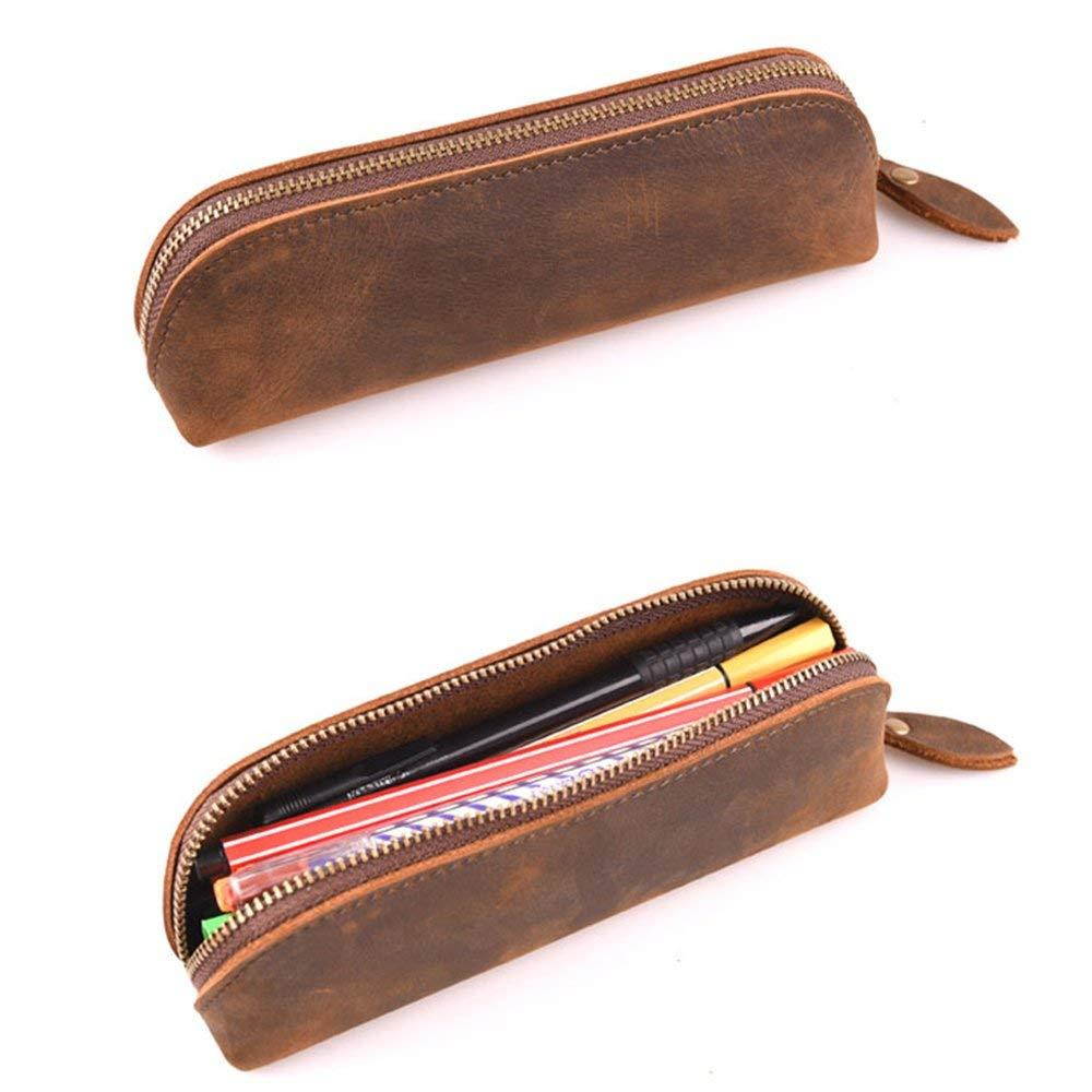SAIBANG Vintage Leather Pencil Case with Zipper, Handmade Genuine Leather Stationery Art Supplies College Office Pencil Holder Pen Case Pouch Unisex