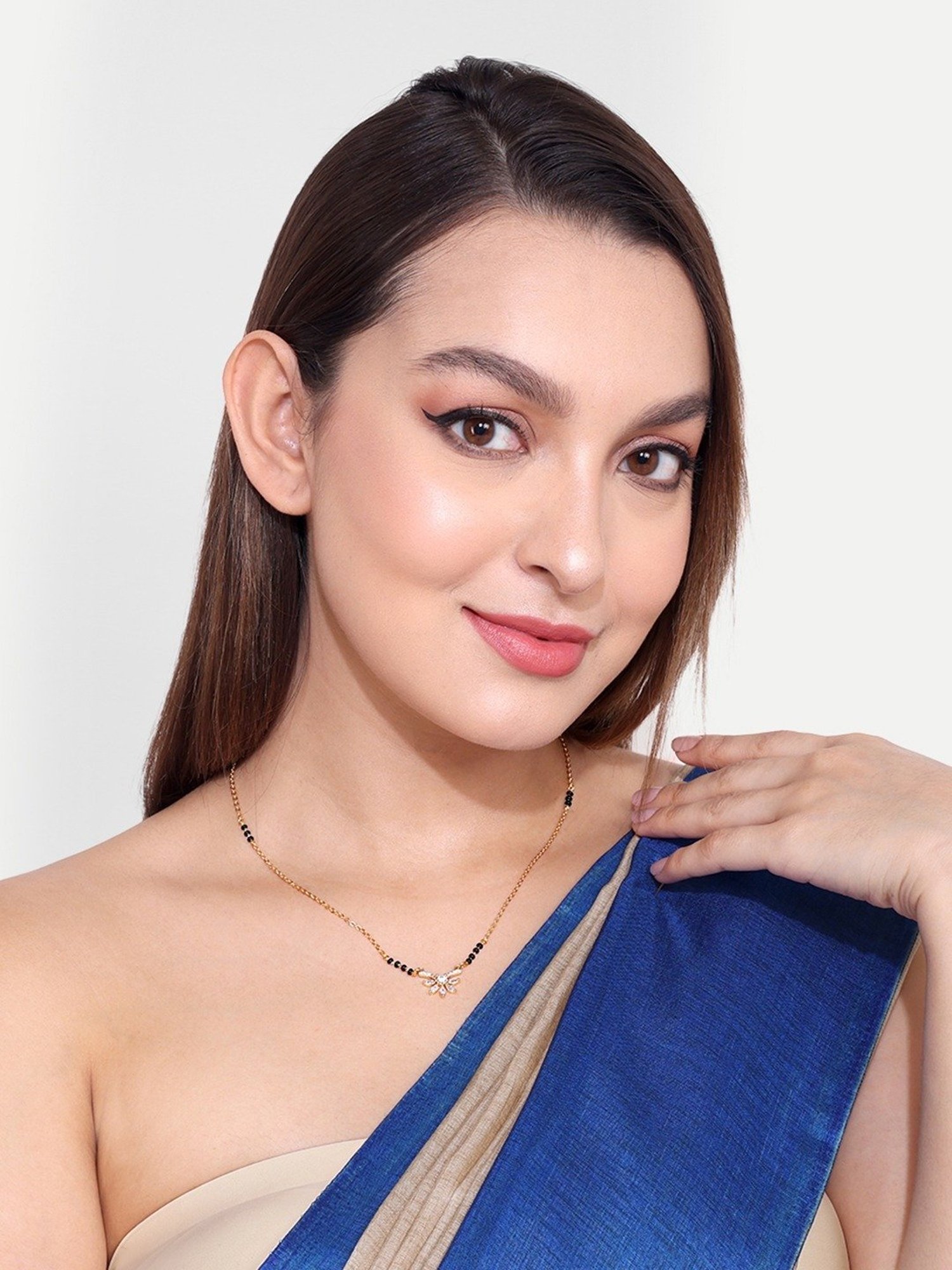 Abdesigns Gold-Plated American Diamond & Black Beaded Mangalsutra