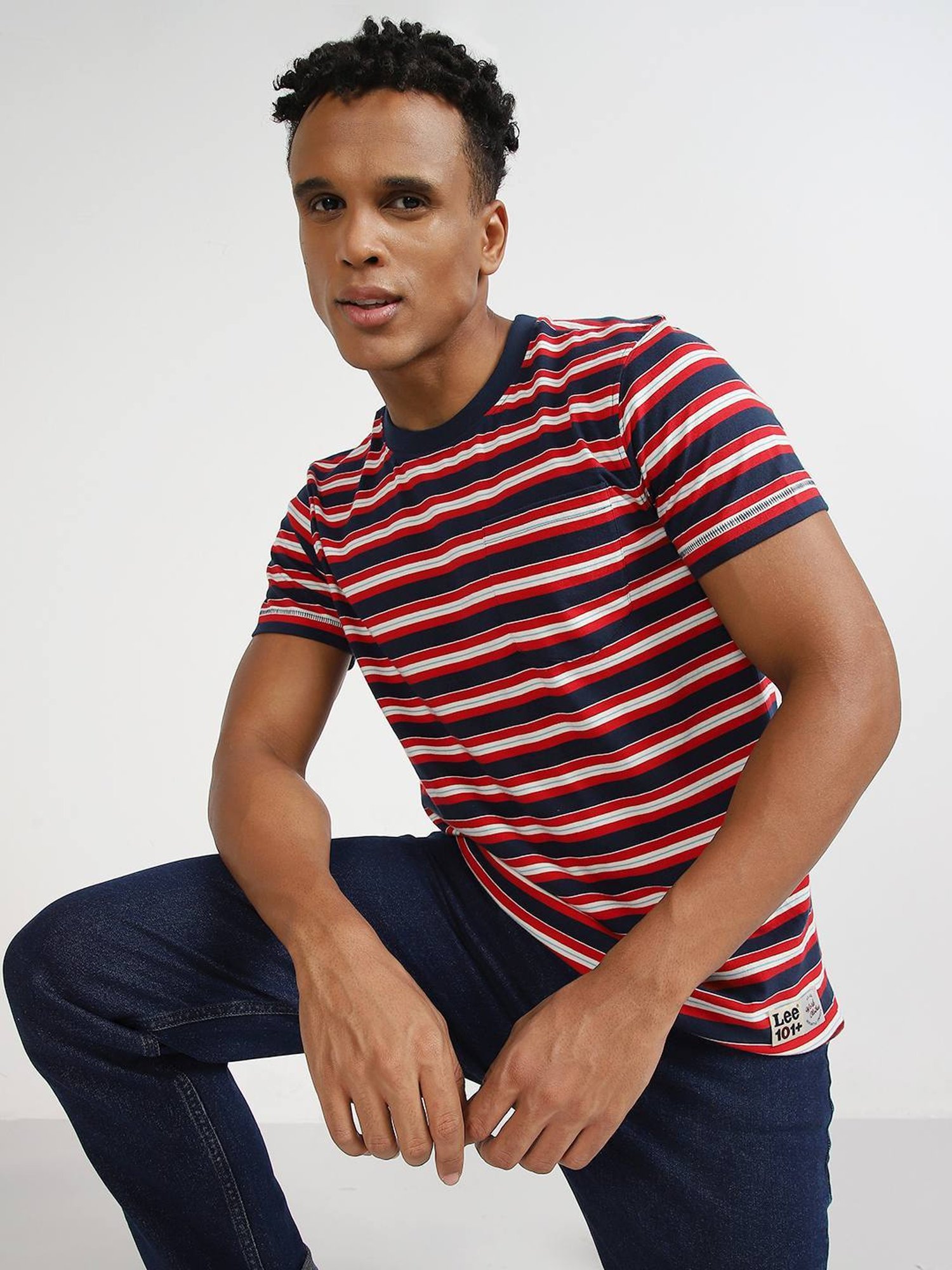 Lee Navy & Red Cotton Regular Fit Striped T-Shirt