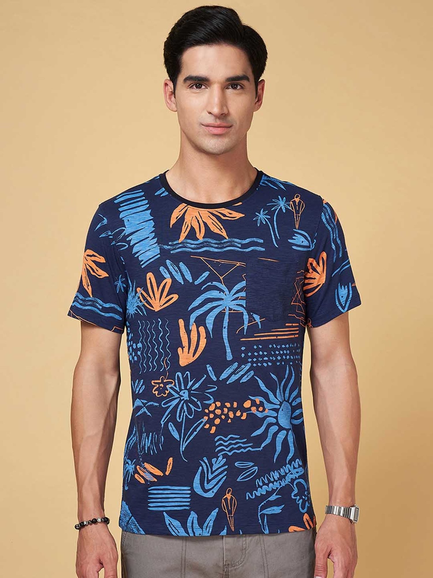 Urban Ranger by Pantaloons Navy Slim Fit Printed Crew T-Shirt