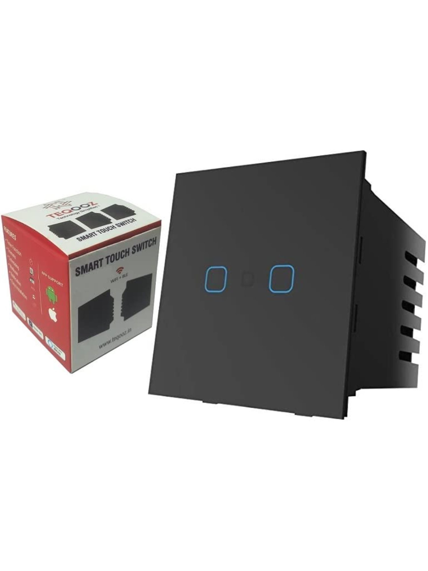 Teqooz 16Amp 2-Switch Smart Wi-Fi plus Bluetooth Touch Switch (Black)