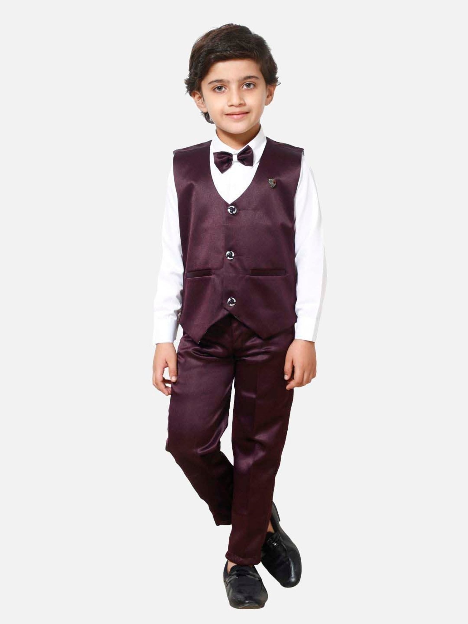Fourfolds Boys Wine Solid Full Sleeves Clothing Set