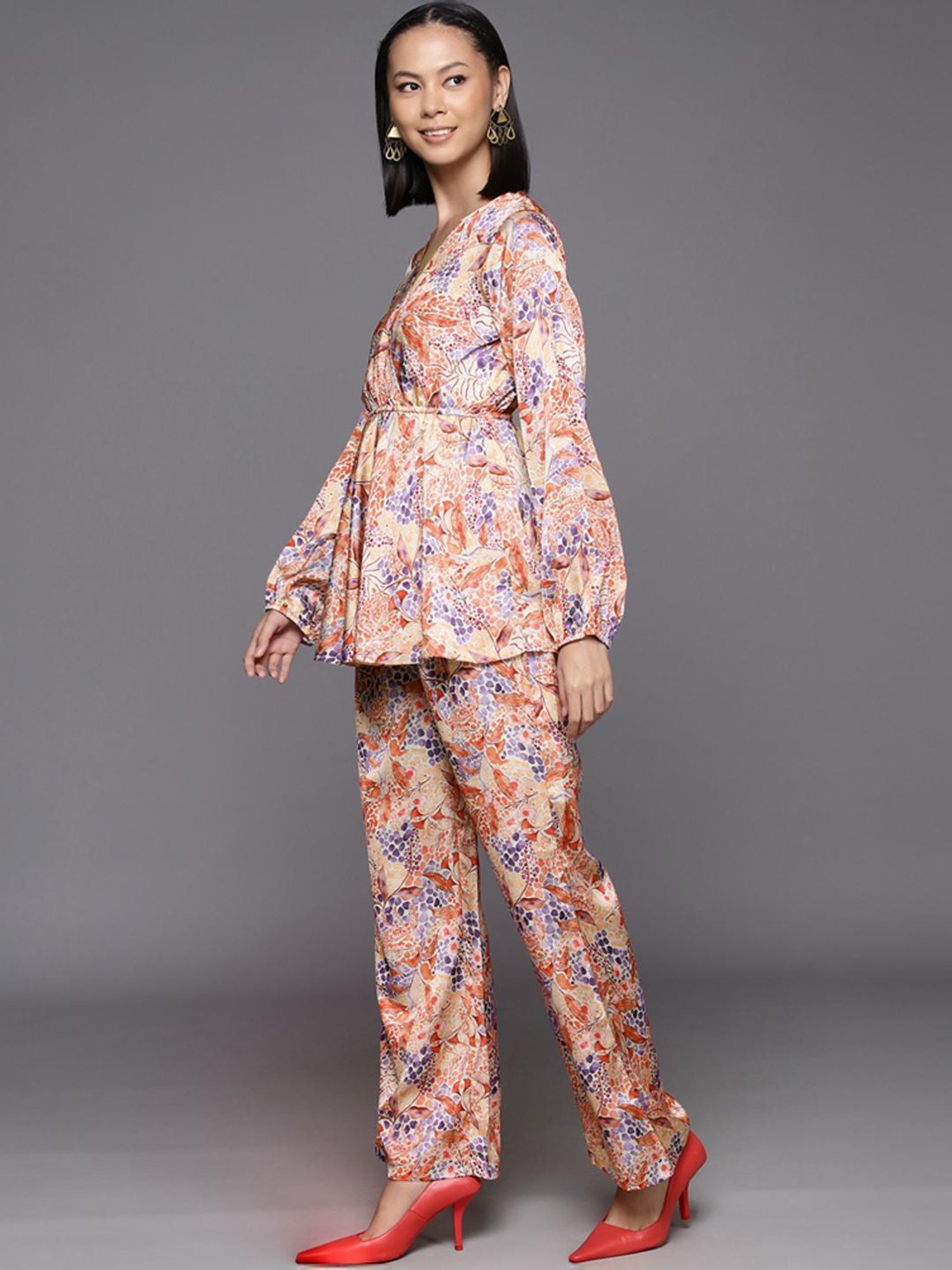 Varanga Beige Floral Print Top Pant Set