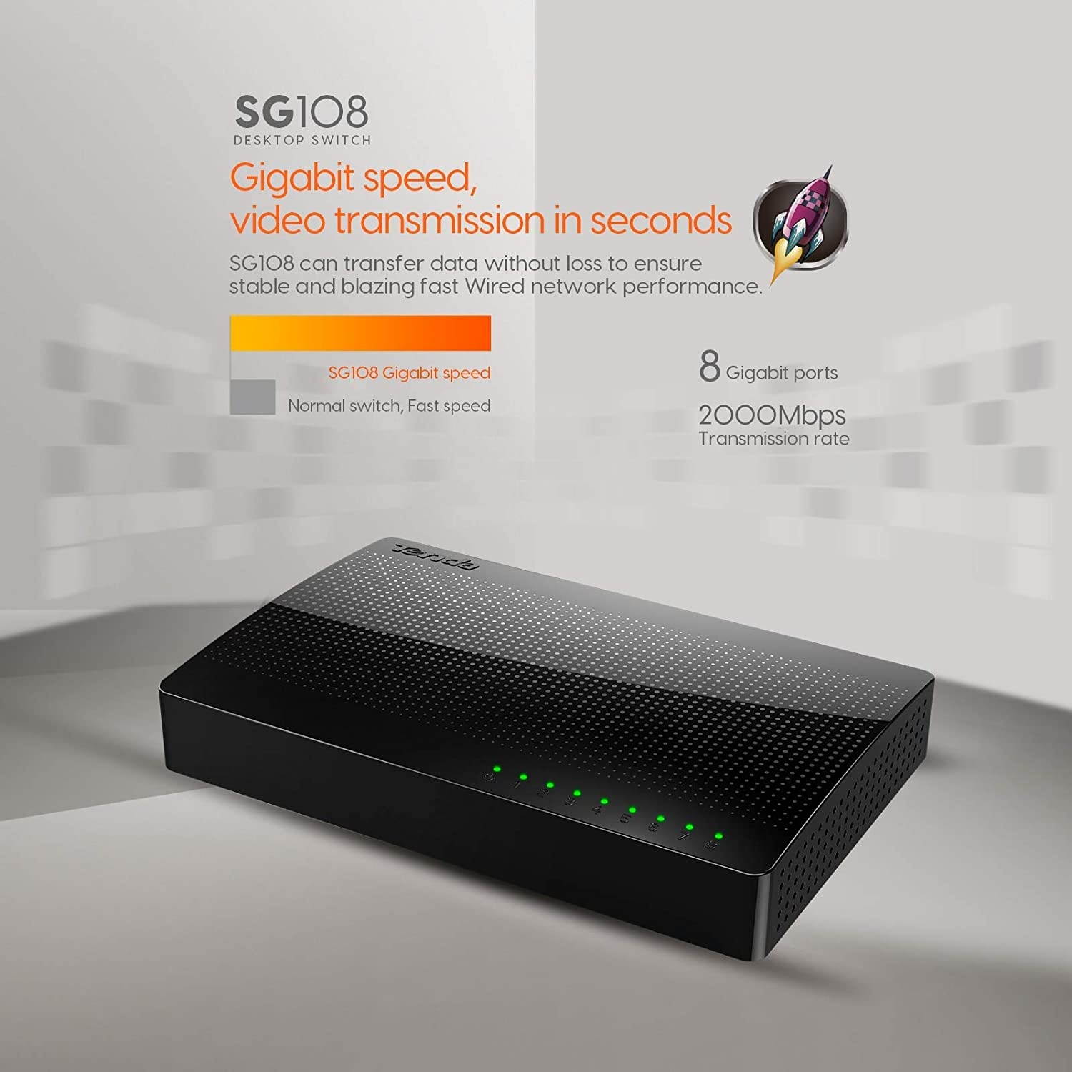 Tenda 8 Port Gigabit Ethernet Network Switch | Ethernet Splitter | Plug-and-Play | Traffic Optimization | Unmanaged (SG108) Black