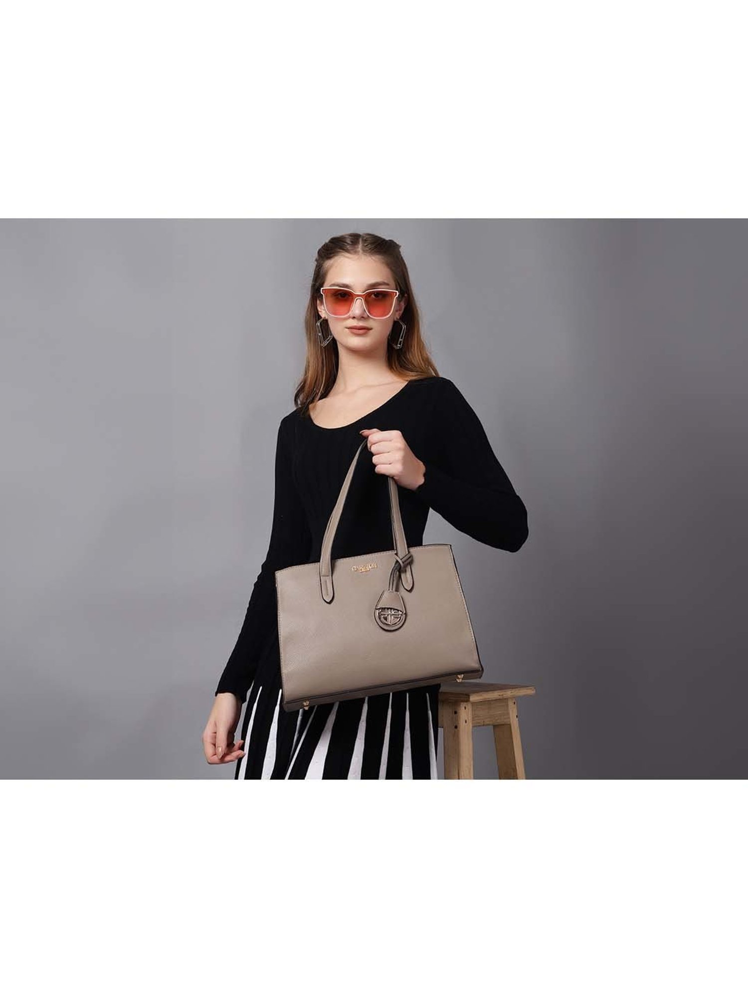 Carlton London Taupe Solid Medium Shoulder Handbag