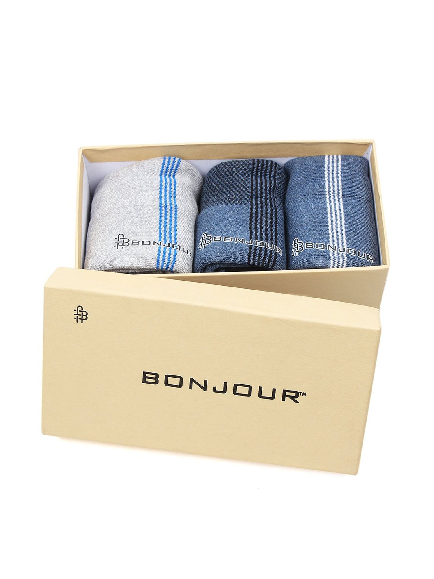 Bonjour Light Navy, Light Grey Socks (Pack Of 3)