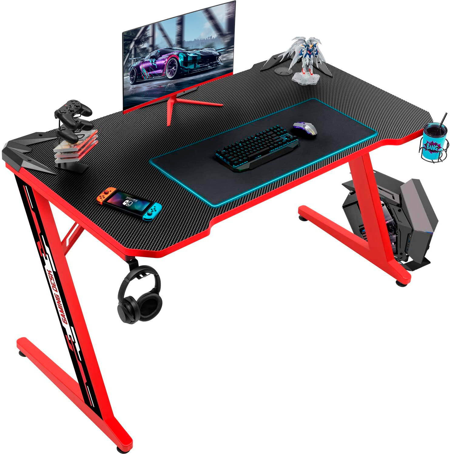 Homall Computer Gaming Desk Large Carbon Fiber Surface Computer Table Z-shaped Feet PC Desk with Cup Holder Headphone Hook Game Handle Rack (Black)