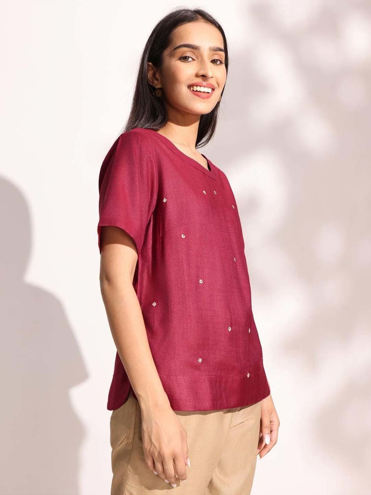 Fabindia Maroon Embroidered Top
