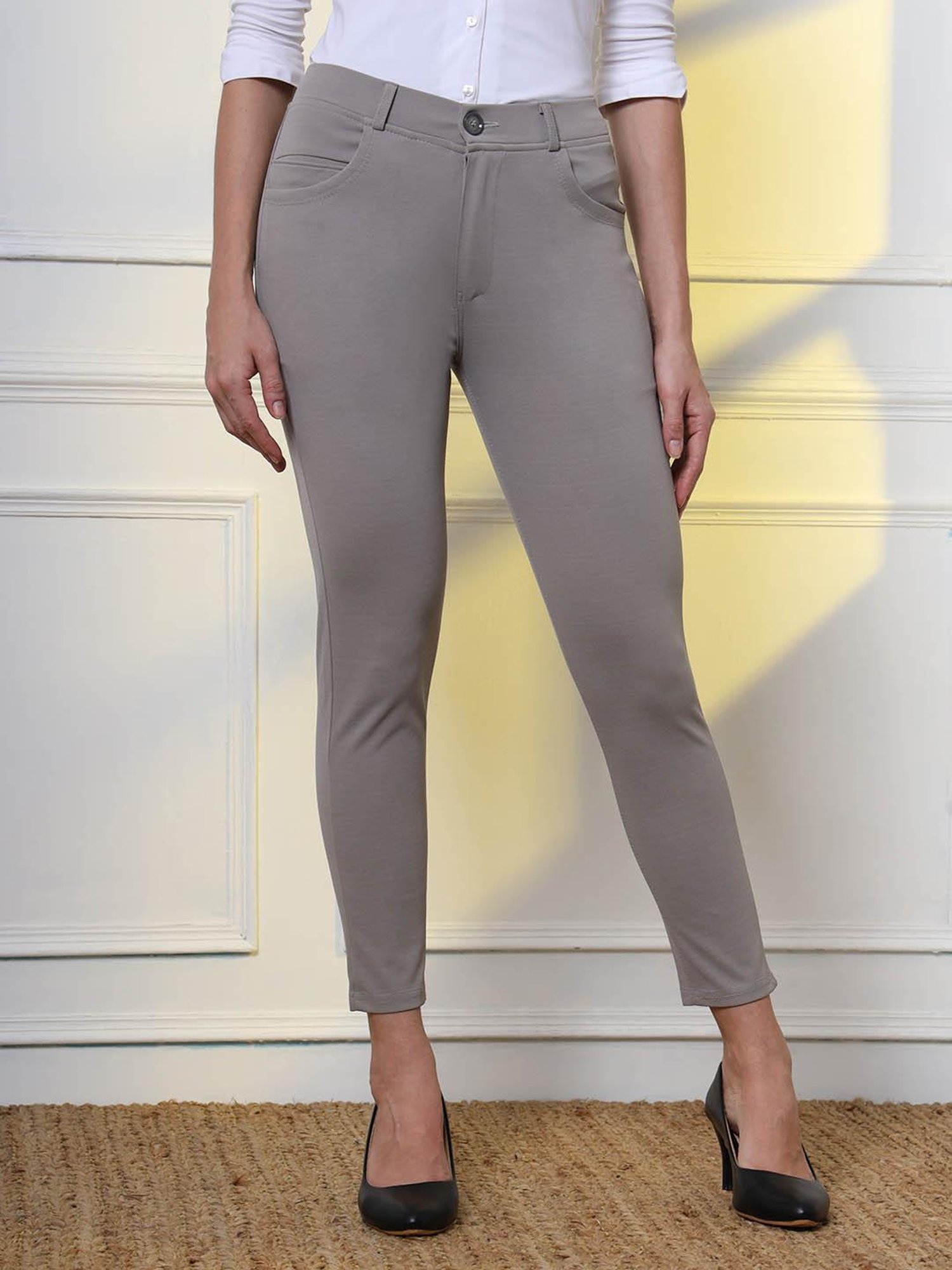 FITHUB Grey Slim Fit High Rise Formal Trousers