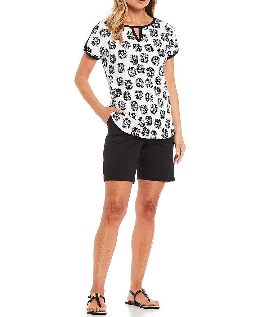 Allison Daley Petite Size Spiral Dot Print Binding Trim Short Sleeve Crew Neck Keyhole Top