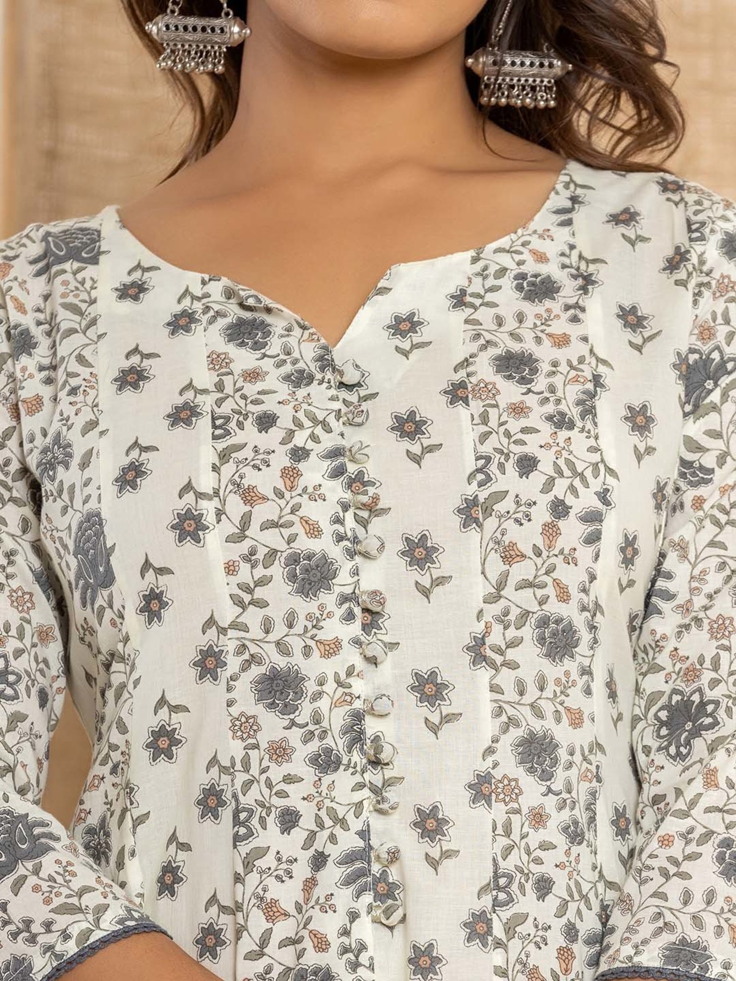 Yufta Cream Cotton Printed Kurta Pant Set With Dupatta