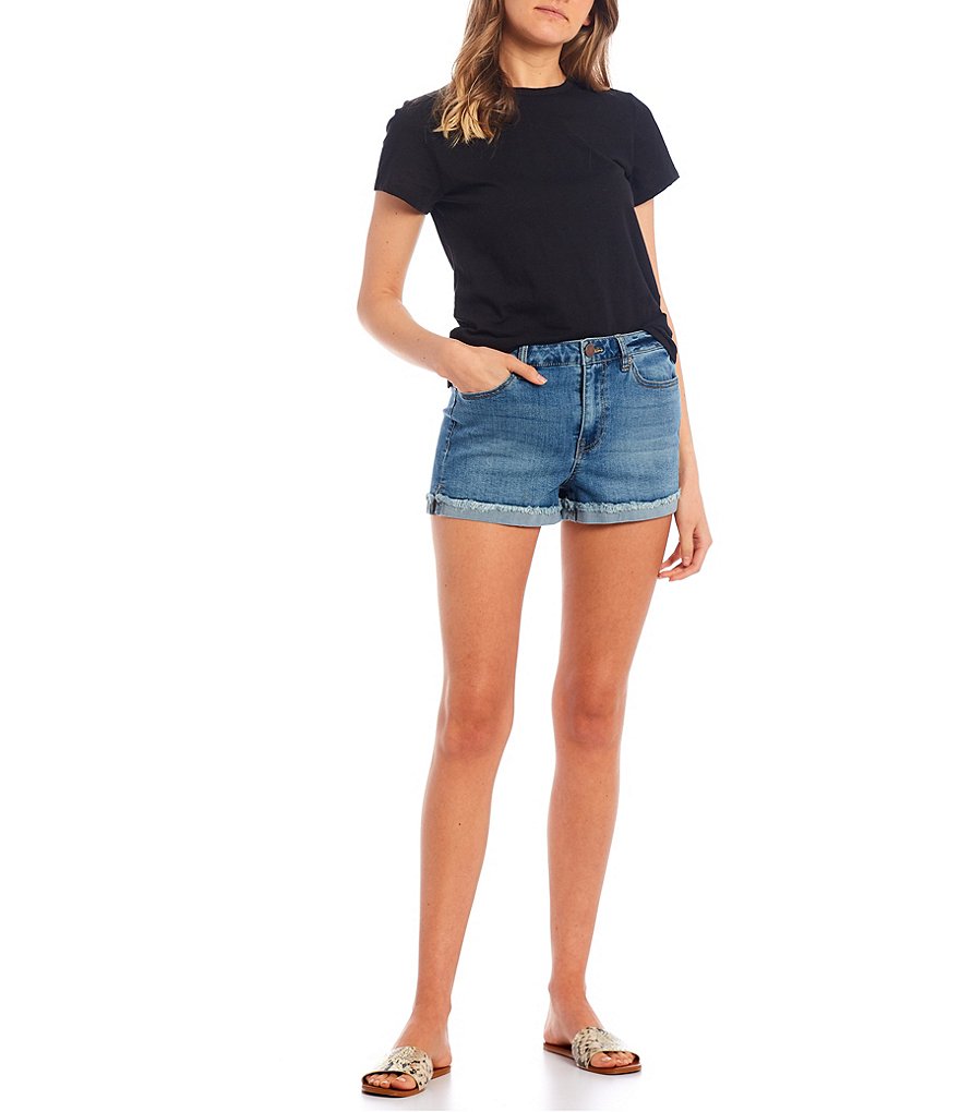 Copper Key Mid Rise Rolled Cuff Frayed Hem Denim Shorts