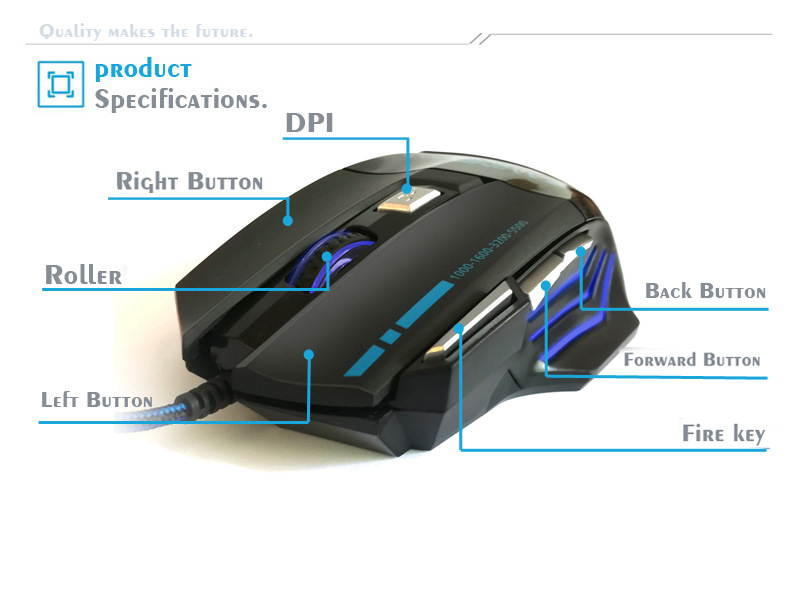 Stanstar Hidden Bat USB Wired Optical Gaming Mouse 7-Key Illuminated Breathing Light Firepower Button(Black Seven 6800DPI)
