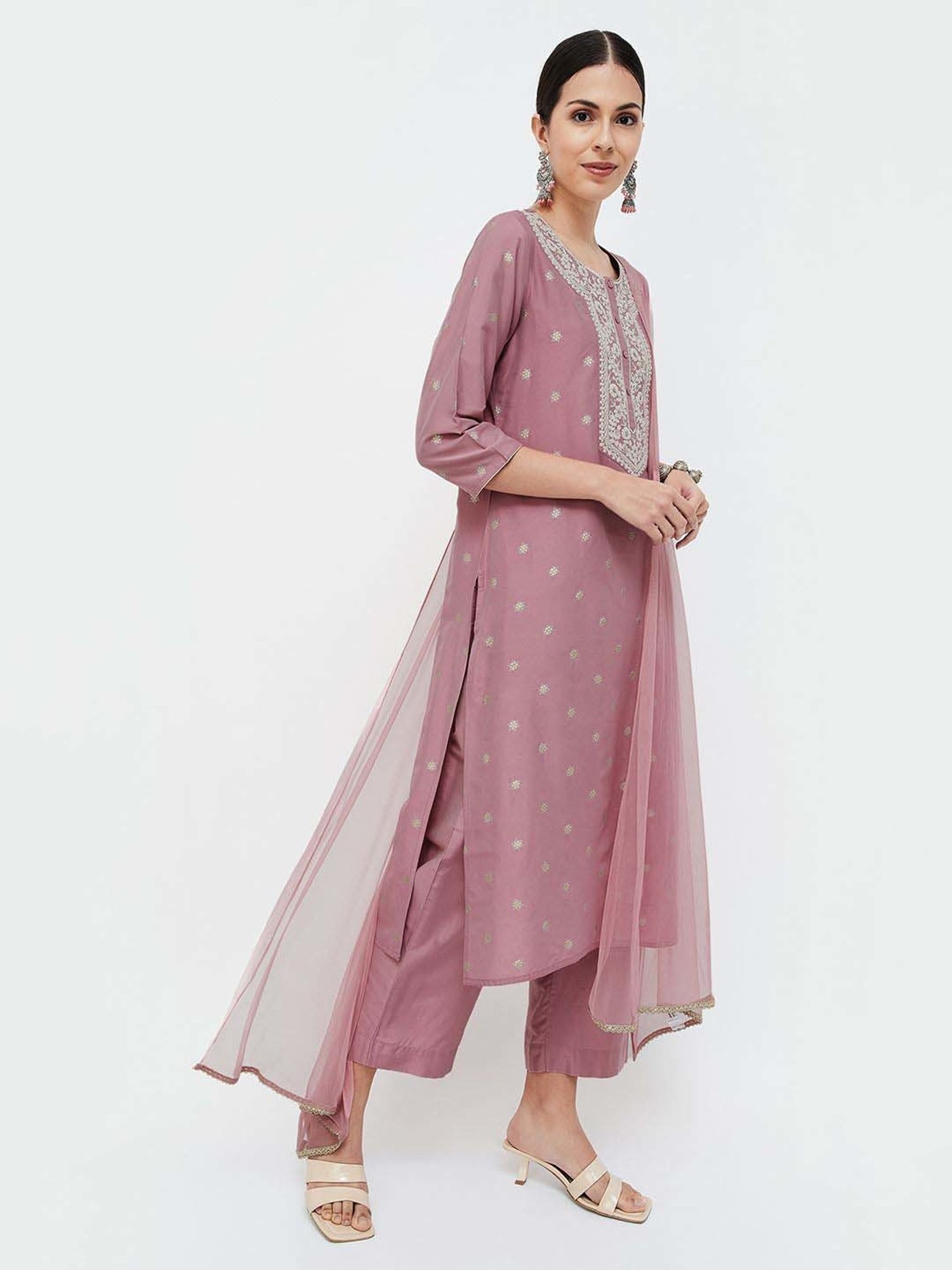 Melange by Lifestyle Purple Embroidered Kurta & Palazzo Set With Dupatta