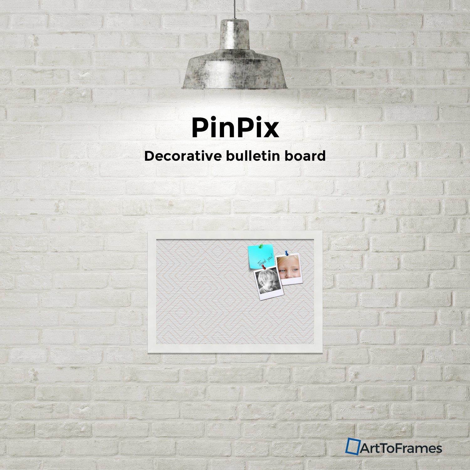 PinPix custom printed pin cork bulletin board made from canvas, Maze White Grapefruit 18x12 Inches (Completed Size) and framed in Satin White Frame (PinPix-Group-91)