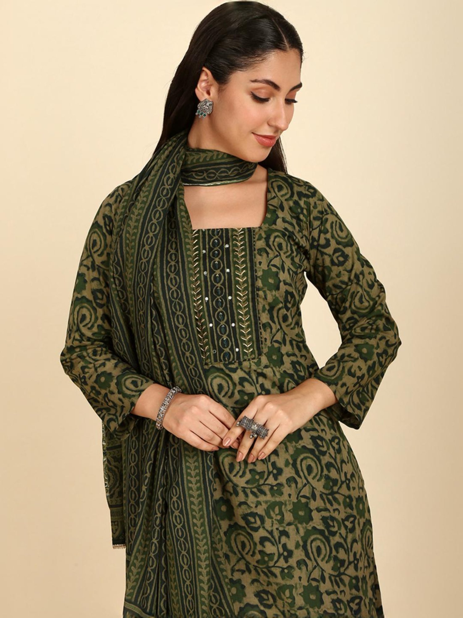 Soch Womens Olive Cotton Floral Print Unstitch Dress Material With Zari