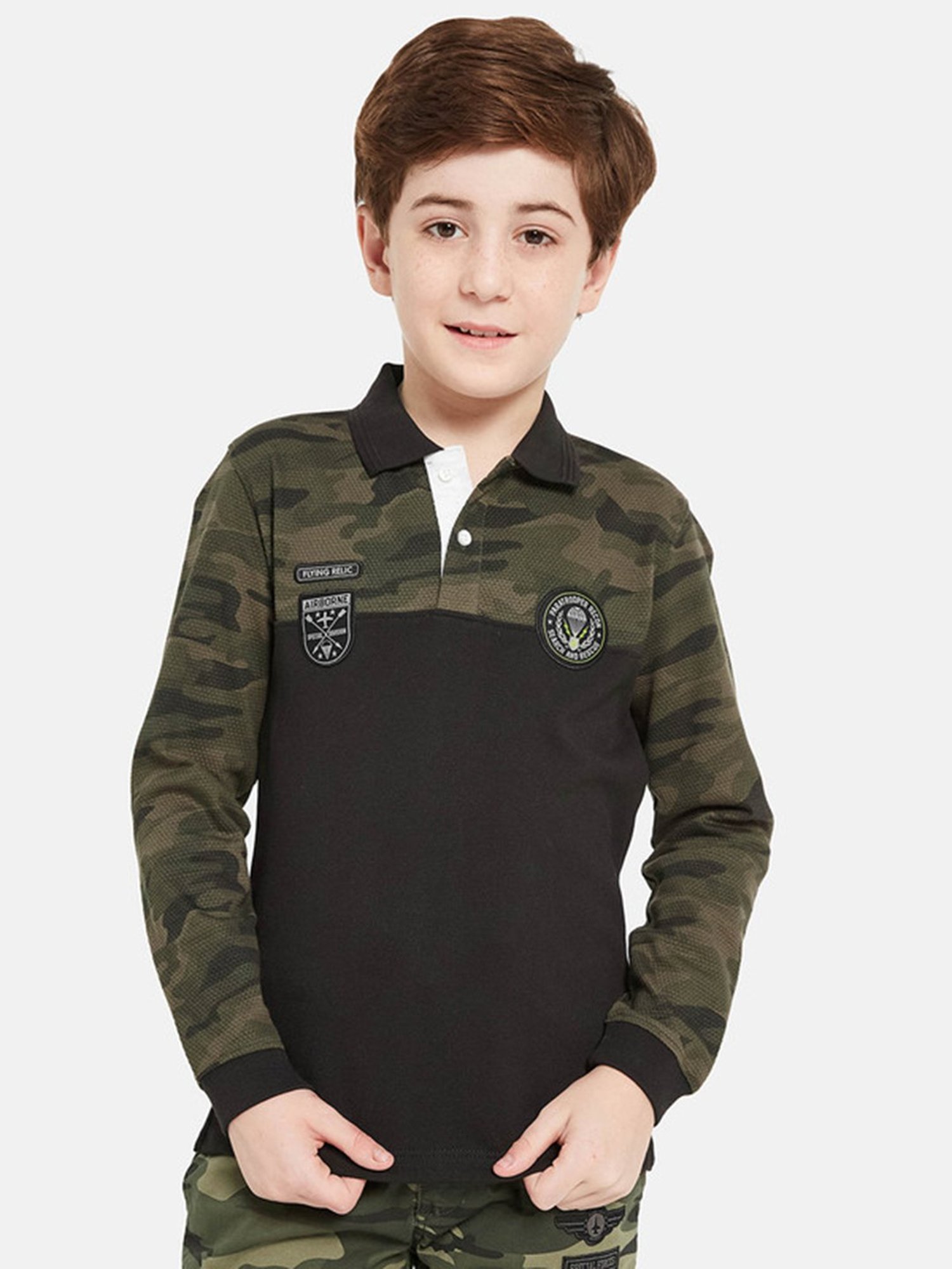 Octave Kids Black Camouflage Full Sleeves Polo T-Shirt