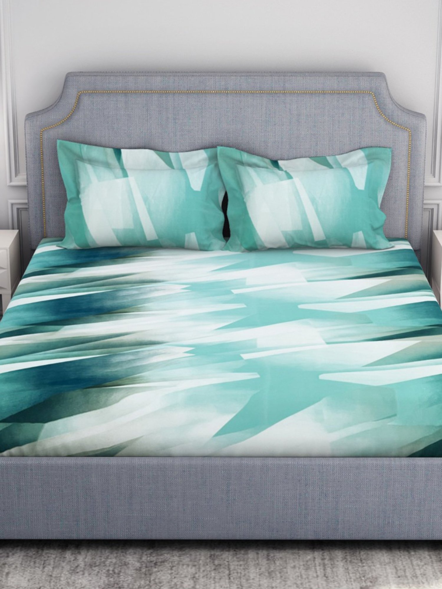 Welspun Geometric Green 130 TC Microfiber Double Bedsheet with 2 Pillow Covers