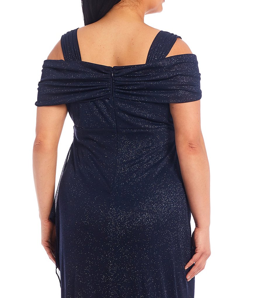 Alex Evenings Plus Cold Shoulder Cowl Neck Cap Sleeve Glitter Mesh Gown