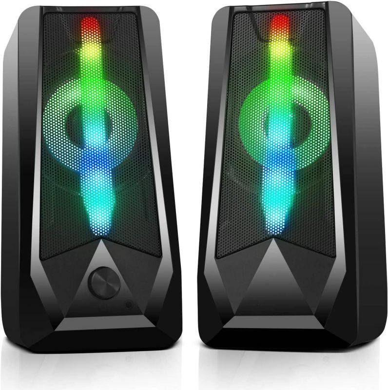 PC Gaming Speakers 16W 2.0 Deep Bass USB Wired RGB Computer Speaker with Enhanced Stereo Colorful LED Light, Dual-Channel Desktop Speakers for Tablet Computer Laptop Smartphones MP4 MP3 (8Wx2)