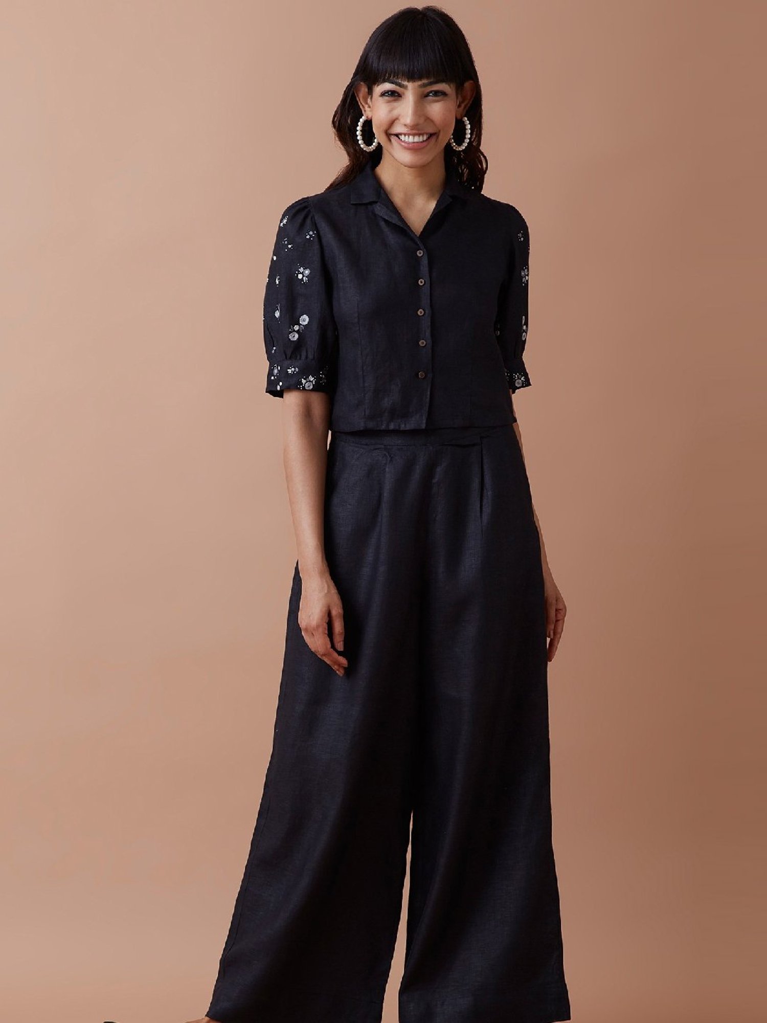 Okhai Mighty Black Linen Hand Embroidered Shirt