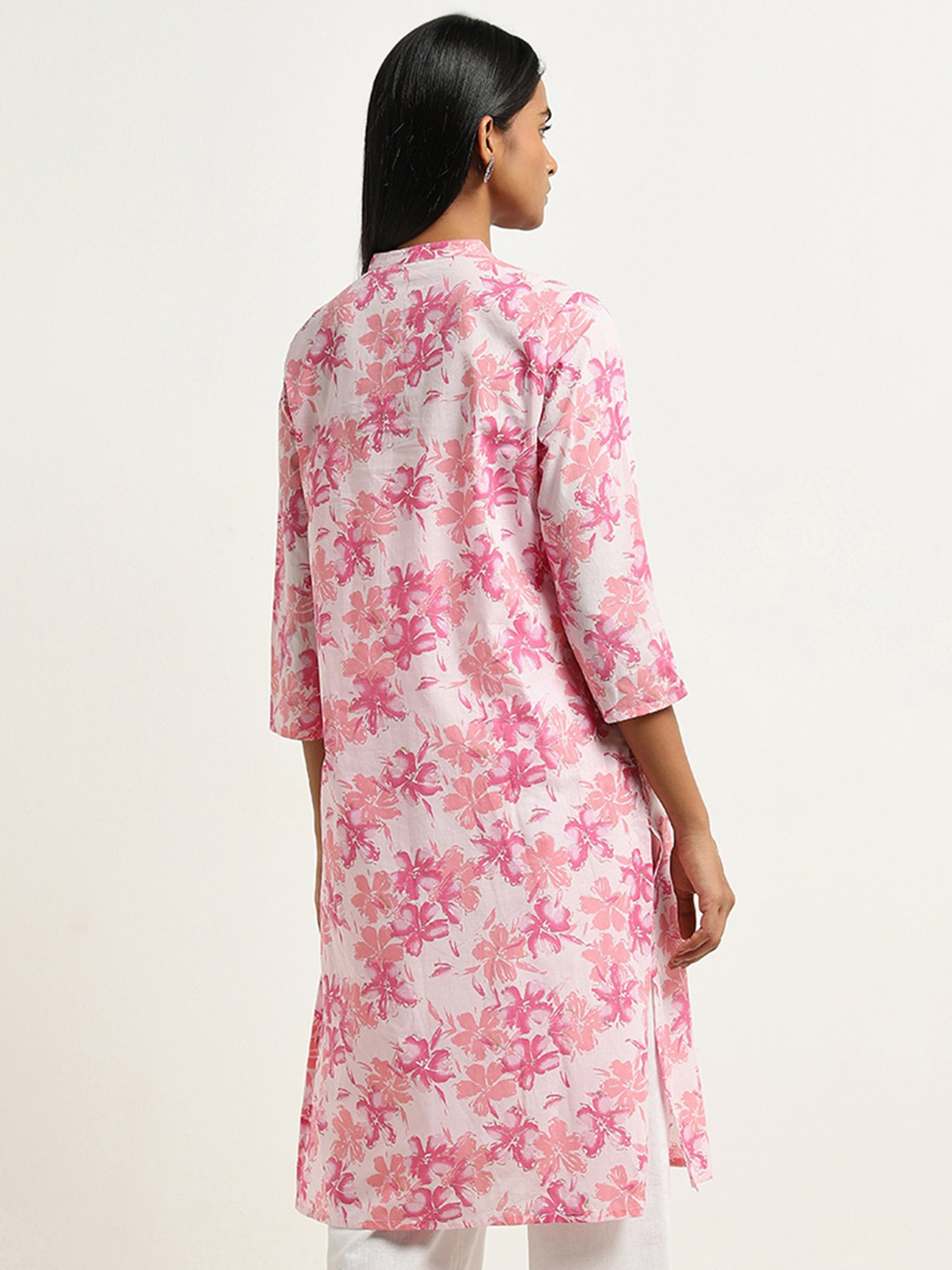 Utsa by Westside Pink Floral Design Straight Cotton Kurta