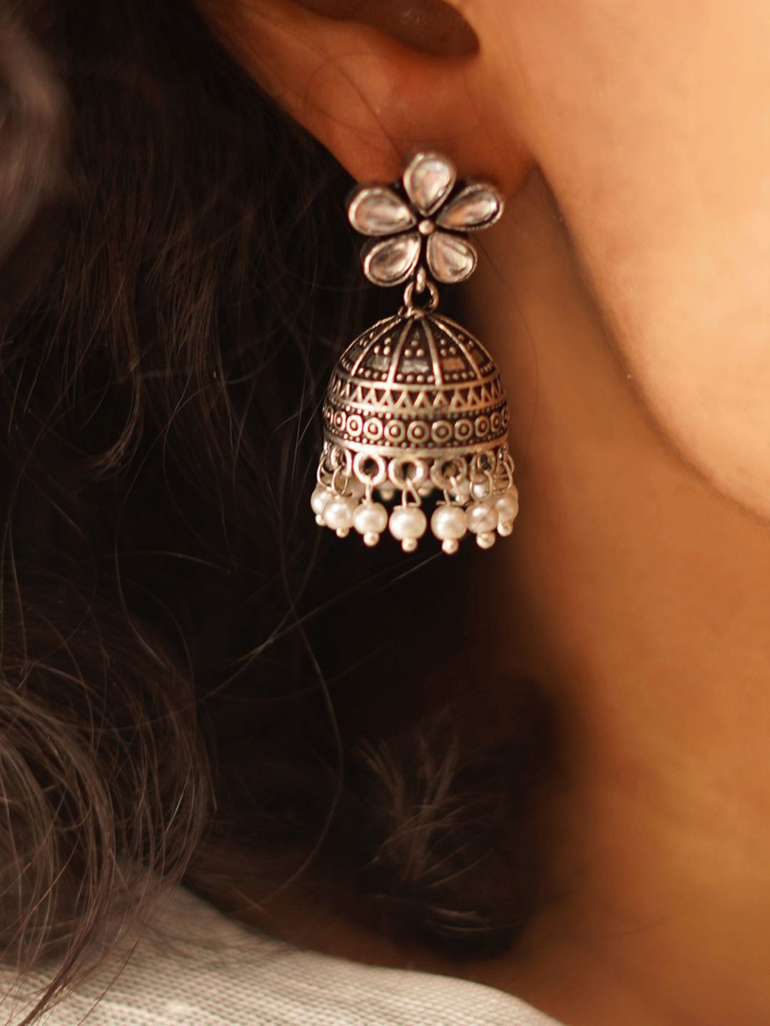 Teejh Luminous Polki Silver Oxidized Pearl Jhumki Earrings