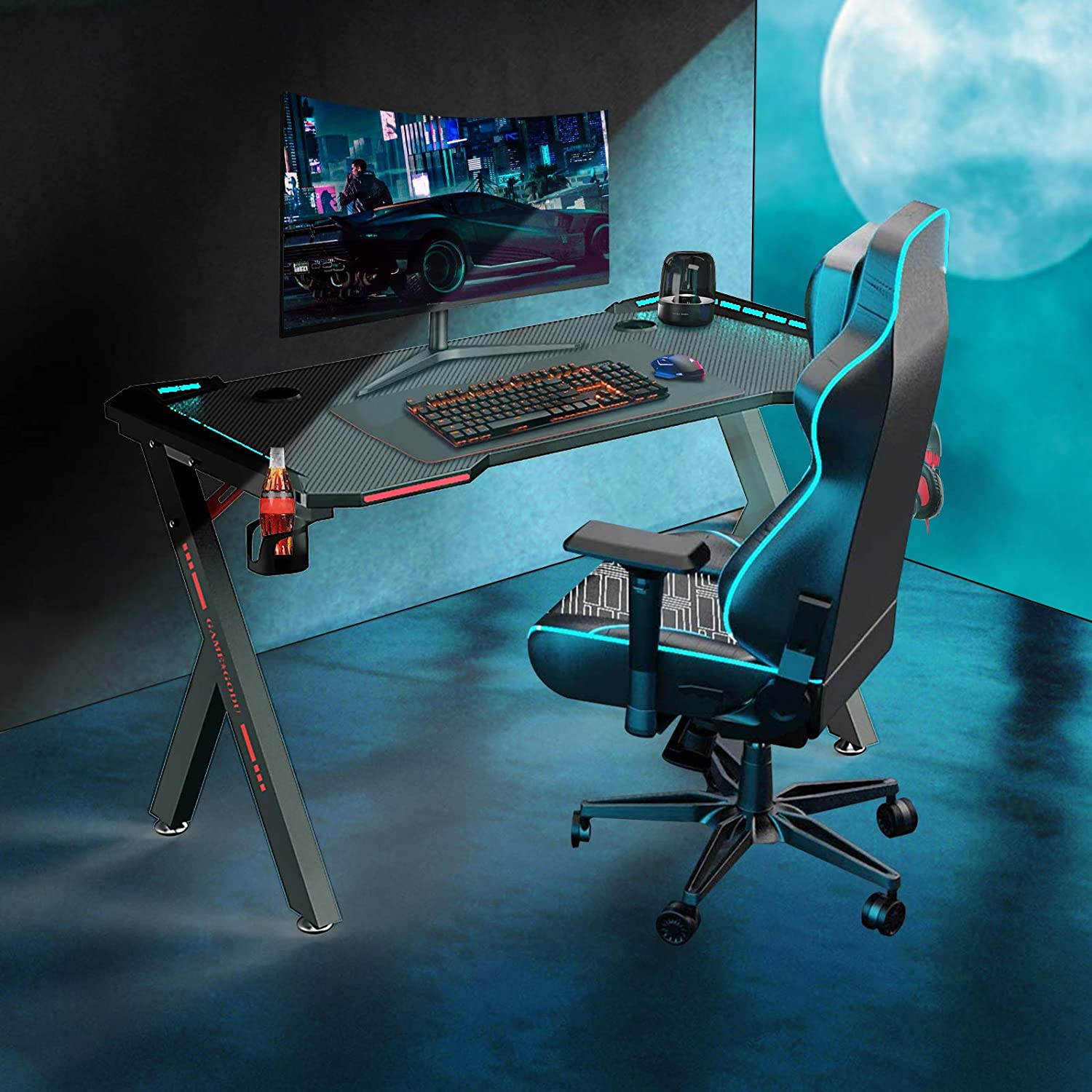 Greatlizard 47 Inch Gaming Desk with Led Lights, PC Gaming Table Computer Workstation with LED RGB Lights, Headphone Hook and Cup Holder for Home, Black