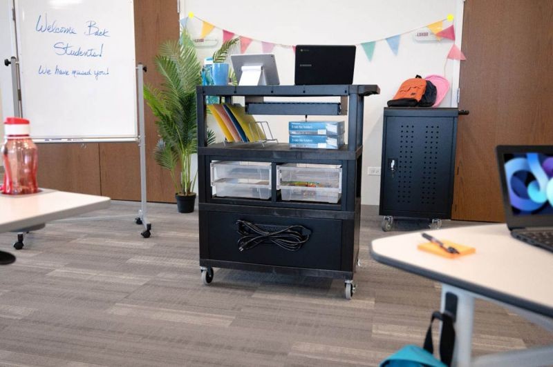 Luxor 32" x 18" Deluxe Teacher Utility Cart with Locking Cabinet, Storage Bins, Keyboard Tray, Pocket Chart Hooks and Cup Holder - Black