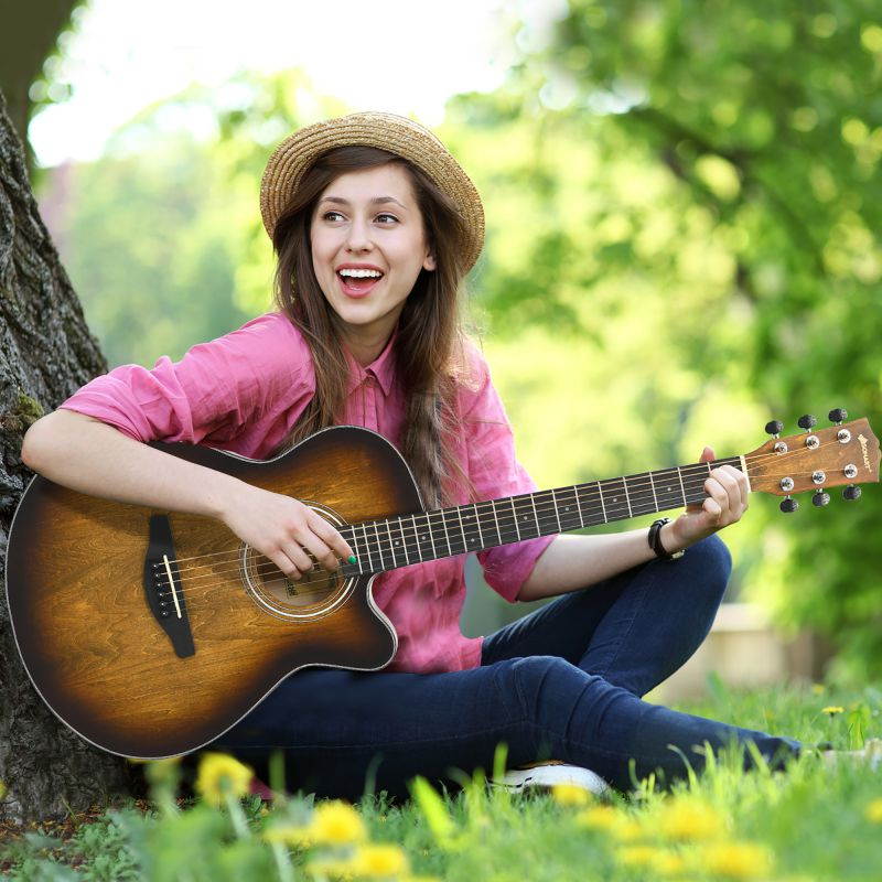 Sonart 40'' Full Size Cutaway Acoustic Guitar Starter Guitarra Bundle Kit Coffee