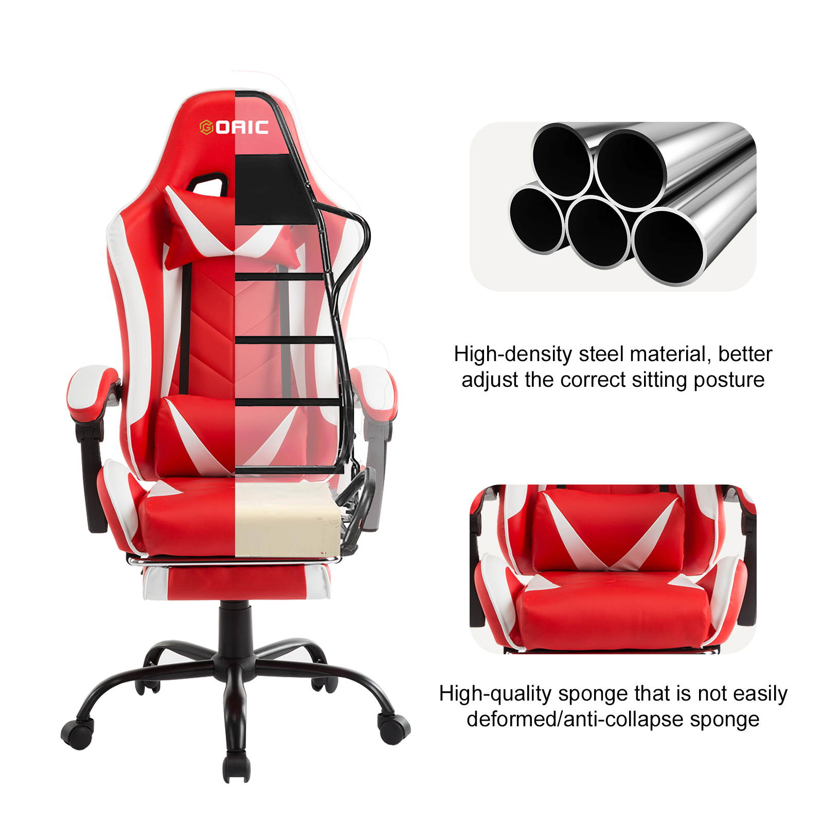 Goaic Gaming Chair PC Racing Game Chair Ergonomic 135&deg; Adjustable Reclining Office Chair with Footrest, High Back Office Desk Computer Chair with Headrest and Lumbar Pillow Support (White/Red)