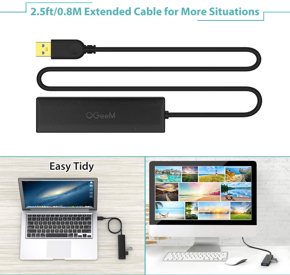 USB 3.0 Hub, QGeeM 5 in 1 USB Hub for Laptop 2.5Ft Extended Cable Hub 5-Port USB 3.0&SD&TF Card Reader Hub Compatible with MacBook Air, MacBook,iMac, Surface Pro, Ultra-Slim Data USB Hub