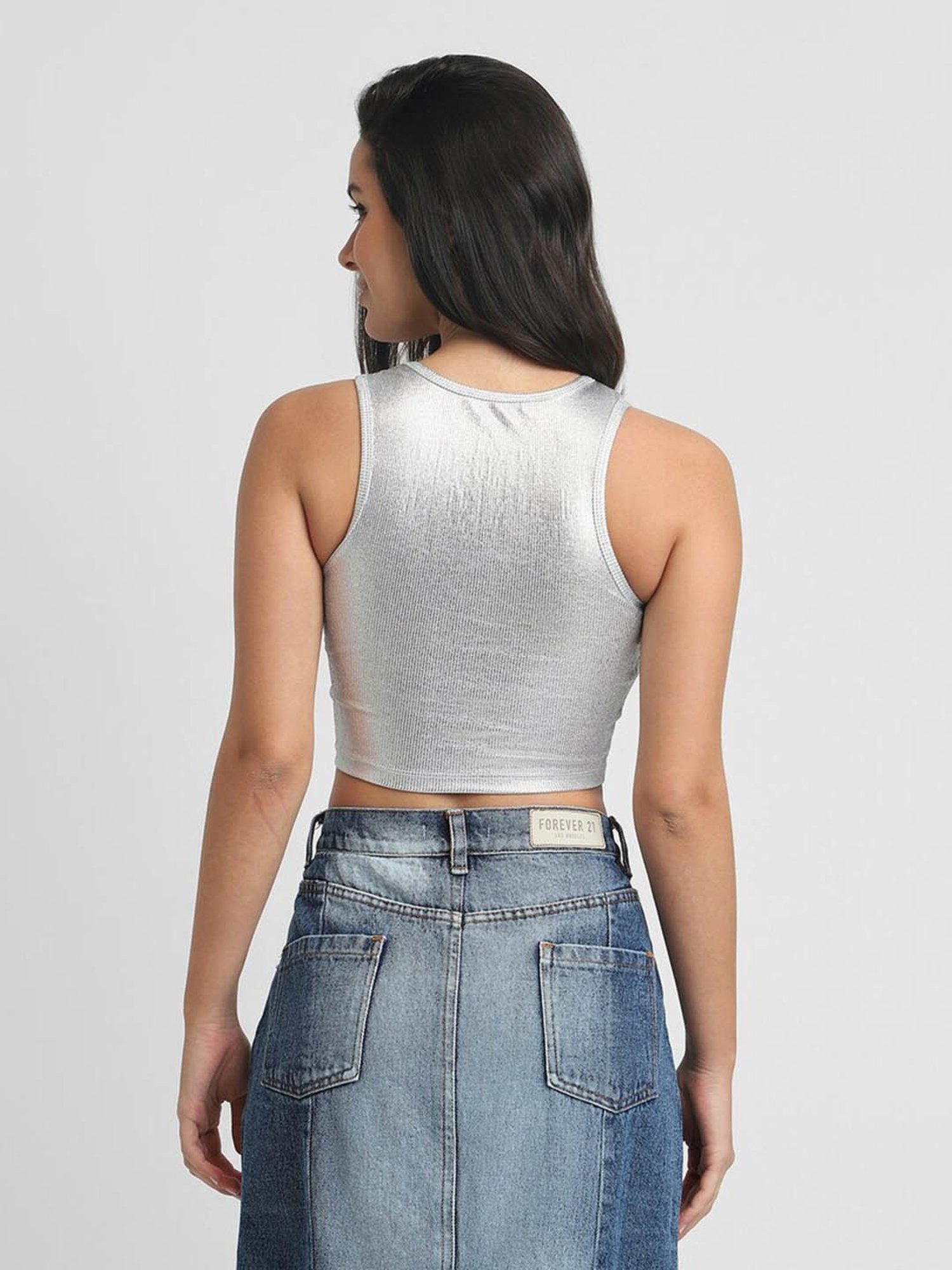 Forever 21 Silver Self Design Crop Top