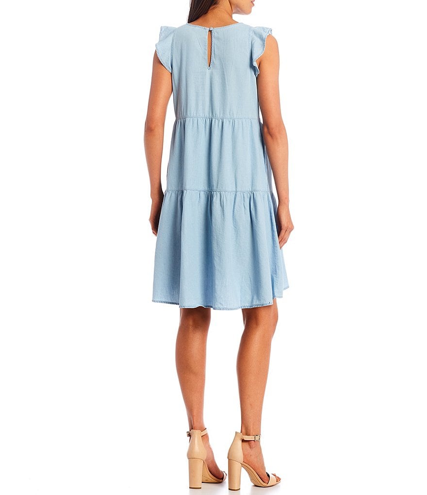 Ella Moss Crew Neck Sleeveless Ruffle Shoulder Detail Tiered Shift Dress
