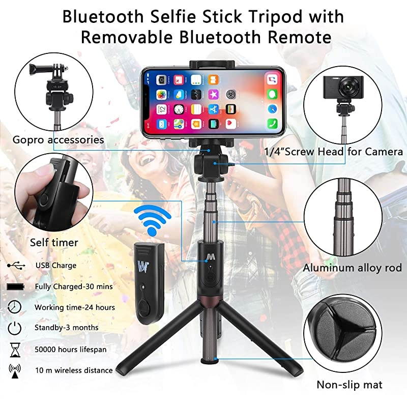Bluetooth Selfie Stick Tripod, 41 Inch Extendable Phone Camera Tripod Stand with Wireless Remote, Selfie Stick Compatible for iPhone 11/11 Pro/X/XR/Xs Max/8/7s, Galaxy S10/S9/Note 8
