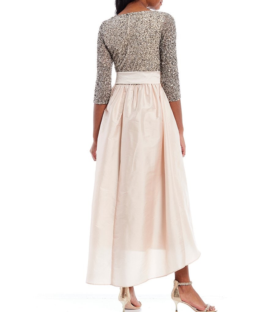 Pisarro Nights Petite Size 3/4 Sleeve Boat Neck Hi-Low Beaded Gown