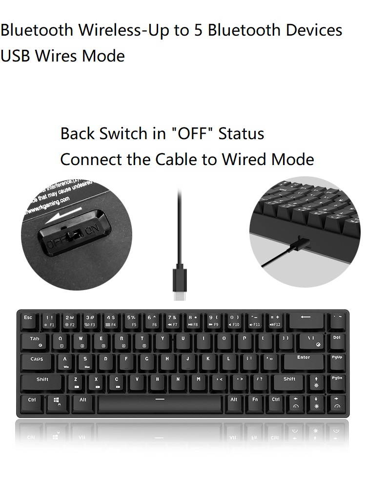 RK RK855 Bluetooth Wireless and USB Wired Dual-mode 68 Keys Mechanical Gaming Keyboard, Adjustable White Backlit