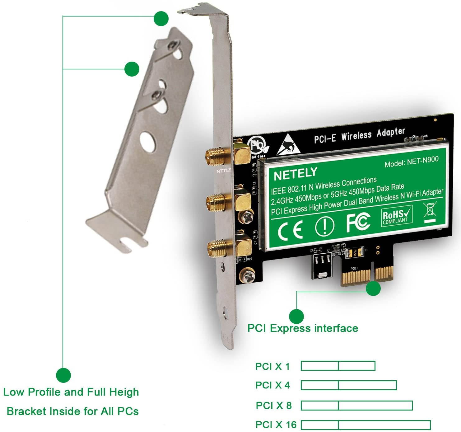 Wireless Dual Band N900 3x3 MIMO PCI Express(PCI-E Wi-Fi Adapter for PCs or Working Stations-PCIE Wi-Fi Card-PCIE Wireless Adapter-Qualcomm Atheros Wireless Network Adapter(NET-N900)